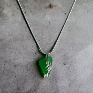 Real sea glass pendant , bright green piece with mermaid charm